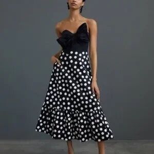 Anthropologie Hutch Strapless Elegant Black and White Polka Cross Dot Dress